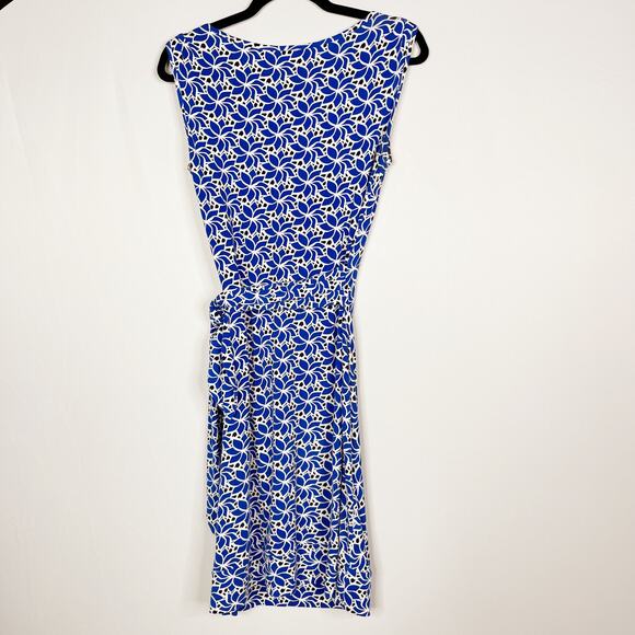 Diane Von Furstenberg Size 4 Blue Della Dress Blue Petals Print White Tie Waist - Picture 2 of 12